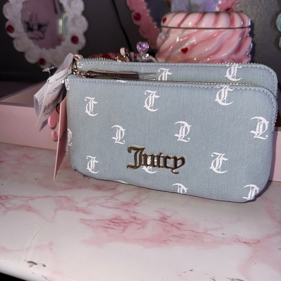 Juicy Couture Light Blue Denim Logo Dual-Zip Pouch - Picture 3 of 8